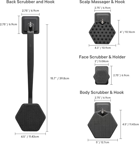 TOOLETRIES The Scrub King Silicone Shower Set - Charcoal | Complete silicone shower set with back, body, face and scalp scrubbers, hooks and storage holder.
