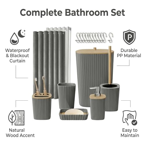 Bathroom Accessory Set 7 Pcs, Plastic Bathroom Set with Bamboo Cover Include Soap Dish, Toothbrush Holder, Mousewash Cup, Shower Curtain Set, Soap Dispenser, Trash Can & Toilet Brush - color: Grey, size: 7pack