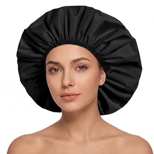Extra Large Shower Cap for Women, Reusable Waterproof Shower Bonnet with Satin Lining, Double Layer Washable Bath Hair Cap for Braids, Locs, Long Thick Curly Hair, Natural Hair(Big Black) - color: Black