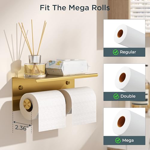 FORIOUS Double Toilet Paper Holder with Shelf, Wall Mount Tissue Roll Holder for Bathroom, 304 Stainless Steel Commercial Toilet Tissue Dispensers with Phone Shelf (1, Brushed Gold) - color: Brushed Gold