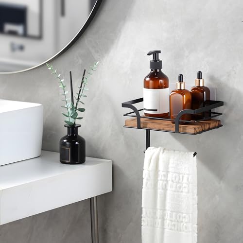 YIGII Rustic Farmhouse Toilet Paper Holder with Shelf - Wooden Tissue Paper Roll Holder, Bathroom Wall Mounted Toilet Paper Roll Holder with Wipes Storage, Black Metal - color: Black-2