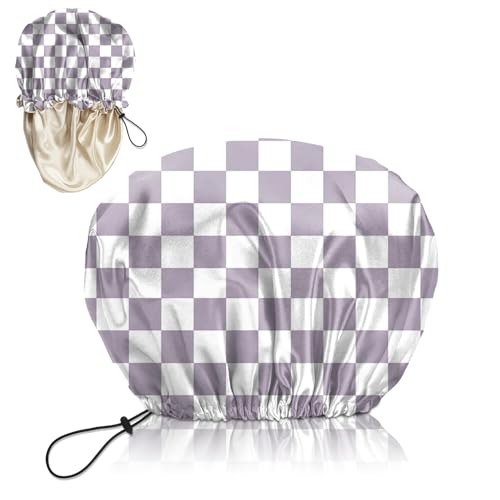 Luxury Shower Cap Silk Satin Lined Waterproof Reusable Adjustable Elastic Dry Hair Bathing Caps Cute for Women Girls-Purple Checkered - color: C-16-Purple Checkered