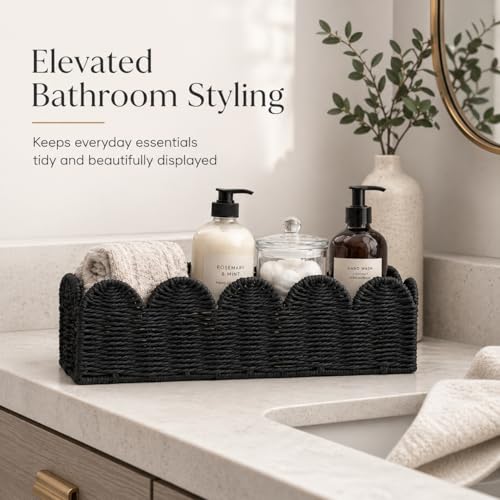 Black Scalloped Toilet Tank Basket — Paper Rope Woven Toilet Paper Holder for Back of Toilet, Scalloped Wicker Tray, Boho Bathroom Organizer and Storage for Tank Top, Countertop & Small Spaces - color: Black
