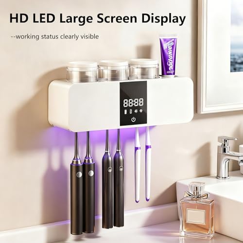 Toothbrush Cleaner Holder, Wall Mounted Tooth Brushing Holder with 3 Cups,No-Drill Installation for Family Home Bathroom Organizer - color: White