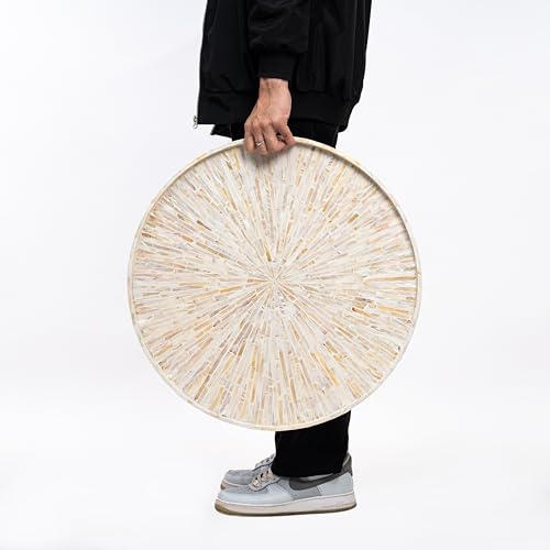 PEMAR 22" Round Mother of Pearl Extra Large Ottoman Tray with Raised Edge, Oversized Decorative Luxury Wooden Serving Tray for Food, Coffee Table, Breakfast in Bed (White Cream Sunlight)