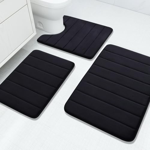 Buganda Memory Foam 3 Pieces Bathroom Rugs Set - Thick Soft Absorbent Bath Mats, Washable Small/Large/Contour Bath Rugs (24" x 16" + 30" x 20" + 24" x 20", Black) - color: Black, size: 24" X 16" + 30" X 20" + 24" X 20"