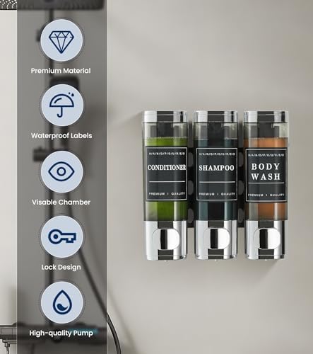 Shower Soap Dispenser Wall Mounted No Drill Shampoo Dispenser for Shower Wall Shampoo and Conditioner Dispenser Bathroom Hotel 3 * 300ml Chrome 1 - color: Chrome