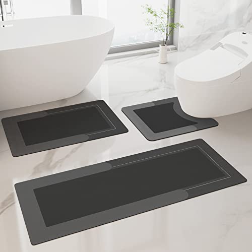 HelloTree 3PCS Bath Mat Rug Rubber Non Slip Quick Dry Rug Sets Super Absorbent Thin Bathroom Rugs Fit Under Door Dark Grey Washable Bathroom Floor Mats for in Front of Bathtub, Shower Room, Sink - color: Dark Grey, size: 20" X 32" + 20" X 47"+ U Shape 20"