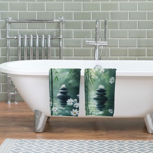 Zen Hand Towels Set of 2, Absorbent Green Bamboo Stones White Flowers Meditation Bathroom Kitchen Towels, Lightweight Breathable Face Towels for Bathroom Gym Hotel - color: Zen