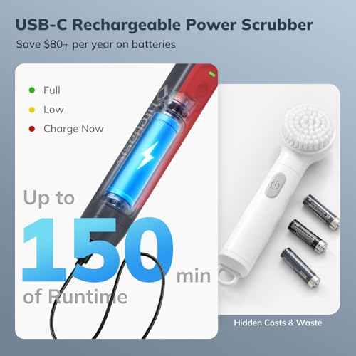 LifeBasis Rechargeable Power Scrubber 11-Piece Kit, Cordless Electric Cleaning Brush, IPX7 Waterproof Electric Grout Brush for Home, Kitchen, Bathroom, Grout, Tile, Shower, Tub, Red