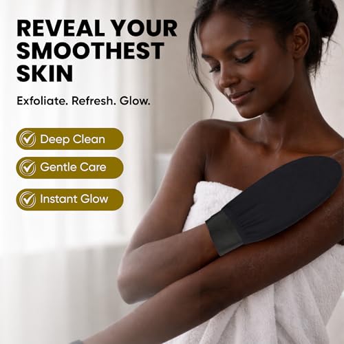 Premium Exfoliating Gloves for Shower 1Pcs, 100% Viscose Deep Exfoliating Body Scrubber, Dead Skin Remover, Washcloth Body Exfoliator Scrubber for Self-Tan Removal, Smooth & Renewed Skin - color: Black