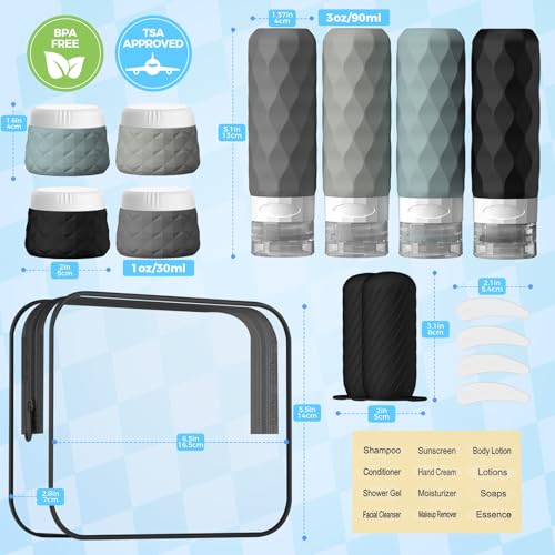 16Pack Travel Bottles for Toiletries, TSA Approved Travel Size Toiletries Containers Set, Silicone Leak Proof Refillable Bottles Elastic Sleeves Creams Jars Accessories Kit W/Clear Bag (Gray) - color: Gray
