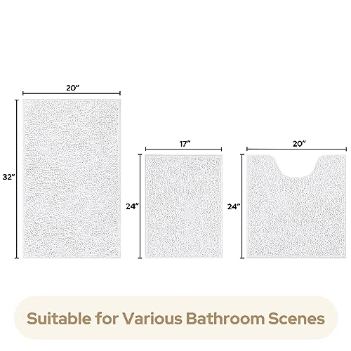 HOMEIDEAS 3 Pieces Bathroom Rugs, Ultra Soft Non Slip Absorbent Chenille Toilet Bath Mat Set (White) - color: White-white, size: 17"x24"+20"x32"+U Shape 20"x24"