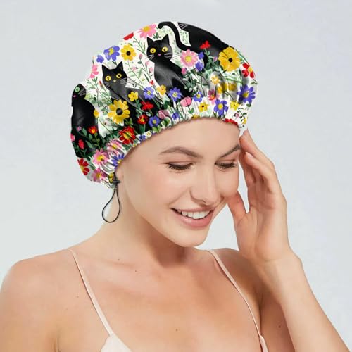 2 PCS Shower Cap Reusable Waterproof Double Layers Hair Caps Shower Bath Adjustable Elastic Hat for Women Girls Cute Aesthetic-Flower Black Cat - color: AI4-Flower Black Cat