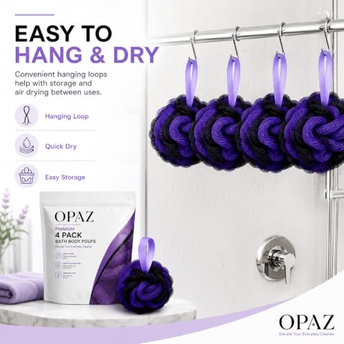 OPAZ Shower Loofah Sponge 4 Pack, Exfoliating Bath Sponges for Women & Men, Soft Body Scrubber Pouf for Rich Lather, Deep Cleansing Shower Puff with Hanging Loop, Purple Loofahs for Body Wash