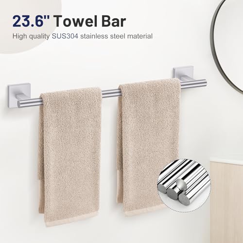 5-Piece Brushed Nickel Bathroom Hardware Set, SUS304 Stainless Steel Bathroom Accessories Set 23.6 inches Towel Bar, Toilet Paper Holder with Shelf, Towel Ring and Two Towel Hooks Wall-Mounted - color: Brushed Nickel, size: 5 Pieces - With Shelf