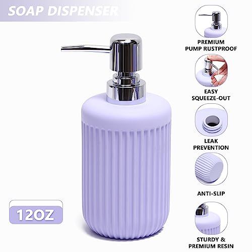 XLHOMO Resin Light Purple Bathroom Accessories Set 5 Pcs, Lotion Soap Dispenser, Toothbrush Holder, Bathroom Tumbler, Qtip Holder and Vanity Tray, Bathroom Countertop Organizer Set for Home Apartment - color: Purple, size: Resin Bath Set