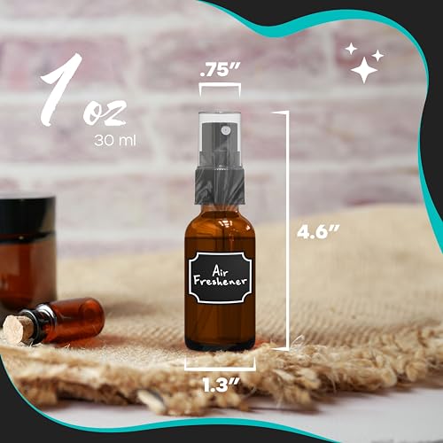 Nevlers 1 Oz Amber Glass Spray Bottles for Cleaning & Refreshment 24 Pack | Small Travel Spray Bottle w/ Shrink Wrap, Funnel, Brush, Marker & Labels | Fine Mist Sprayer | Mini Perfume Refillable Bottle - color: Amber