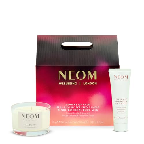 NEOM Moment of Calm Gift Set I Contains Real Luxury Travel Candle 75g Real Luxury Multi-Mineral Body Milk 30ml I 100% Natural scents I Lavender, Jasmine and Sandalwood