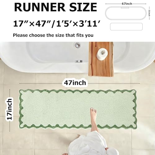 ORTIGIA Long Cute Scalloped Bathroom Rugs Runner, Fun Green Plush Microfiber Scallop Bath Mats Non Slip Washable Quick Dry Absorbent, Rug Carpet for Bathtub Sink Laundry Room Bedroom, 17x47 - color: Light Green, size: 1'5" x 3'11" (Rectangular)