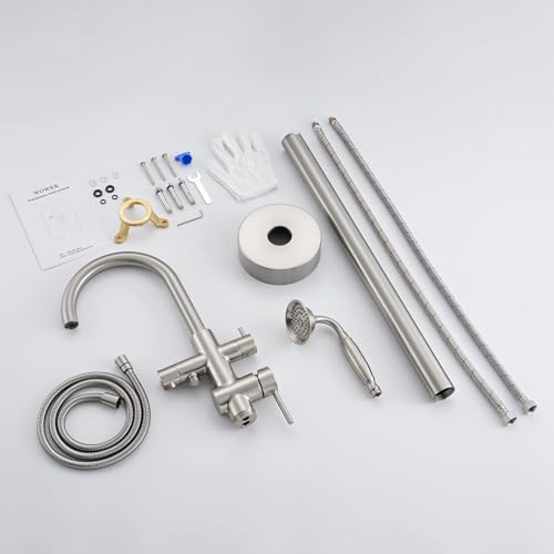 Wowkk Tub Filler Freestanding Bathtub Faucet Brushed Nickel Floor Mounted Brass Bathroom Tub Faucets with Hand Shower - color: Brushed Nickel