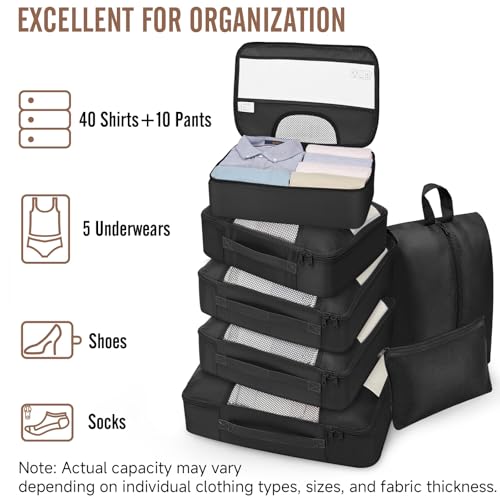 Veken 10 Set Packing Cubes for Travel Essentials,Anti-Wrinkle Buckled Suitcase Organizer for Shoe & Toiletry Bag,Carry On Luggage Bag with 99+ Count Mesh Holes for Airplane & College Dorm Accessories - color: 01 Black