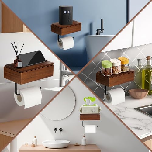 Toilet Paper Holder with Acacia Wood Shelf - Wall Mount & Self-Adhesive Bathroom Tissue Roll Holder, Black Stainless Steel with Storage - Home Apartment Restroom - color: Walnut & Matte Black Storage