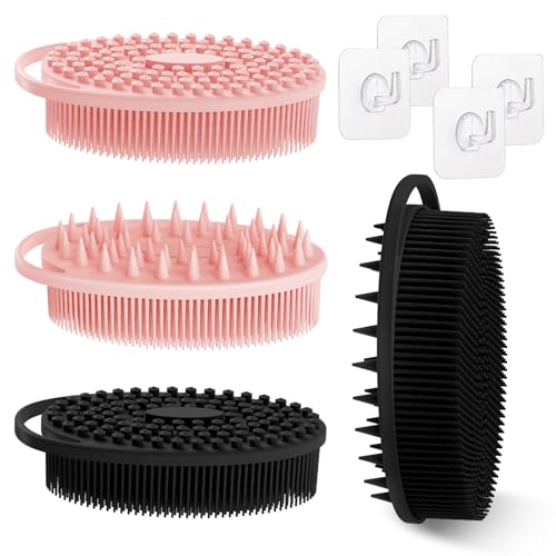 Soft Silicone Body Scrubber Set, 4PCS Dual-Side Silicone Loofah for Gentle Exfoliating and Scalp Massaging, Hygienic Shower Scrubber Shampoo Brush for Kids, Women, Sensitive Skin(Black/Pink) - color: 4 Color-a