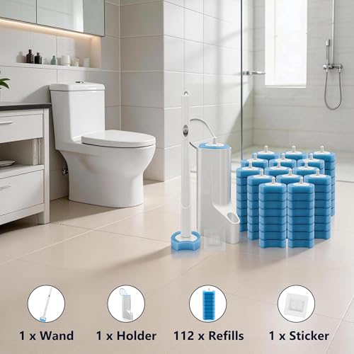 Disposable Toilet Brush, Toilet Bowl Cleaner Wand Kit with 112 Refills | Wall-mounted Toilet Scrubber Kit-16.81" ABS Handle Holder, 112 Sponge Brush Heads for House, Apartment, RV Bathroom Cleaning - color: 1 Pack White Toilet Brush Set