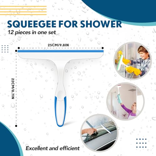 Dandat 12 Pcs Squeegee for Shower Glass Door 9.8'' Small Silicone Shower Squeegee for Doors Bulk with Hanging Hole for Bathroom Car Mirror Tile(Red, Blue, Green) - color: Red, Blue, Green