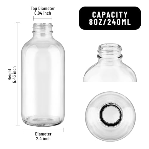 PINIWON 24 Pack 8 oz Clear Glass Bottles, 240ml Boston Round Sample Bottles with Black Poly Cone Caps, Labels and Funnels - color: Clear-24 pack