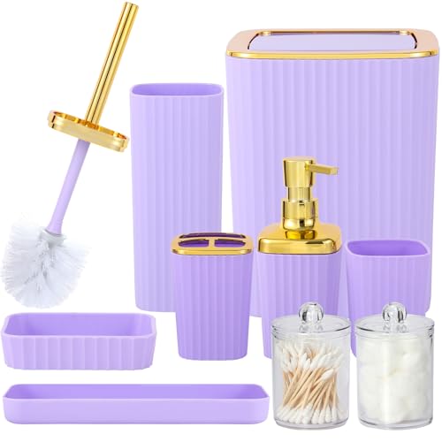 Bathroom Accessory Set,9 Pieces Purple Bathroom Accessories Set with Trash Can, Toothbrush Holder, Soap Dispenser, Toothbrush Cup, Vanity Tray, Soap Dish, Toilet Brush, Qtip Holder - color: Purple
