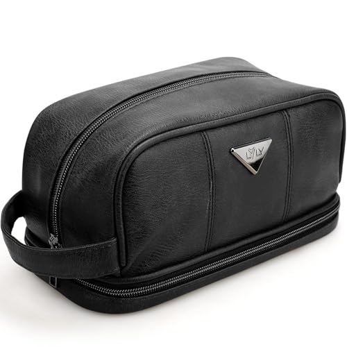 emissary Leather Travel Toiletry Bag for Men, Dopp Kit - Black | Water-resistant leather, large capacity + organizer pockets; refined men's travel Dopp kit, carry-on ready - color: Black