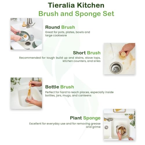 Tieralia Bamboo Dish Brush Gift Set – 5-Piece Kitchen Cleaning Set with Bottle Brush, Round Scrub Brush, Palm Brush & 2 Plant-Based Sponges | Wooden Handle Cleaning Tools for Dishes & Surfaces