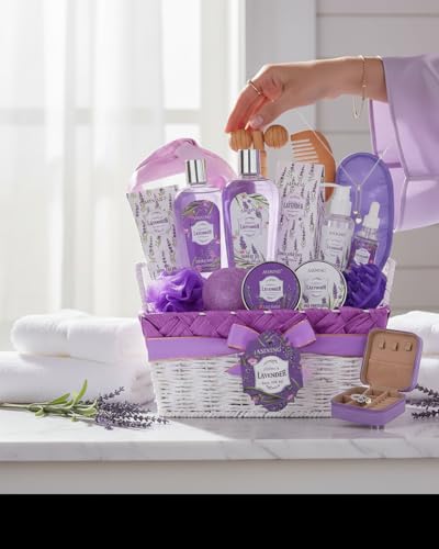 19-Pc Luxury Body Gift Set for Women, Lavender Bath and Body Gift Basket, Spa Gift Basket, Home Spa Gifts, Facial Care, Necklace, Skin Care gift set for Mother Day, Anniversary, Birthday, Christmas