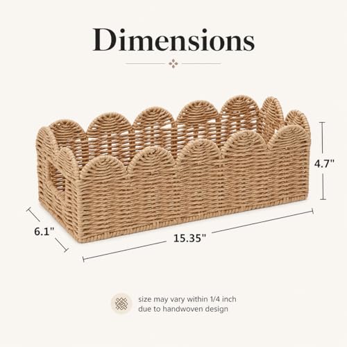 Scalloped Toilet Tank Basket — Paper Rope Woven Toilet Paper Holder for Back of Toilet, Natural Scalloped Wicker Tray, Boho Bathroom Organizer and Storage for Tank Top, Countertop & Small Spaces - color: Khaki