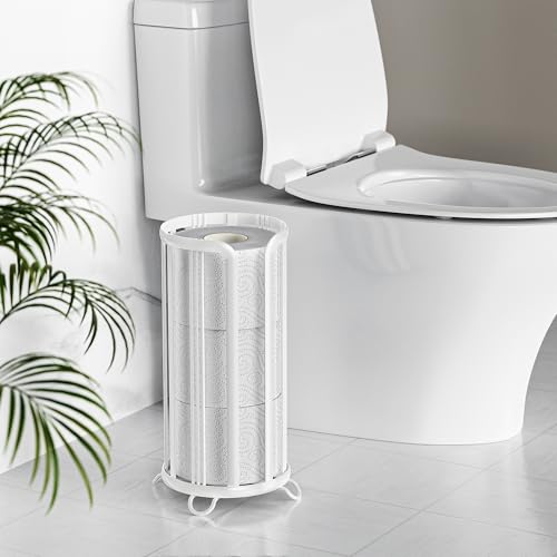Toilet Paper Holder Stand, Freestanding Bathroom Tissue Organizer, Minimalistic Storage Solution, Reserve Mega Rolls,Stylish Bathroom Floor Toilet Paper Stand-White - color: White