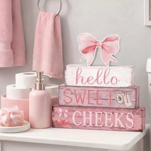 Cinnvoice 4 Pcs Pink Bow Bathroom Decor Farmhouse Bathroom Decoration Hello Sweet Cheeks Table Centerpiece Gift for Christmas Valentines Back to School - style: Pink Bow Hello Sweet Cheeks
