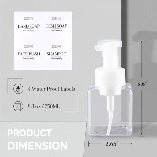 250ML Foaming Soap Dispenser, 2-Pack Plastic Hand Soap Dispenser, Refillable Leakproof Foam Pump Bottle with Waterproof Labels, for Shampoo, Body Wash - color: Clear, size: 250ML
