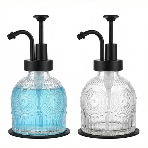 Vintage Glass Soap Dispenser 2 Pack for Bathroom Kitchen, with Black Pump and Non-Slip Mat, Refillable for Hand Soap, Dish Soap, Lotion, Shower Gel, Modern Farmhouse Decor (8 oz, White) - color: White