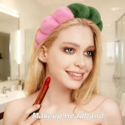 7 Pcs Spa Set, Facial Headband and Wristband Set, Skincare Accessories, College Style Girl Idea Gifts, Hair Accessories for Women and Girls（Pink Green） - color: Pink Green