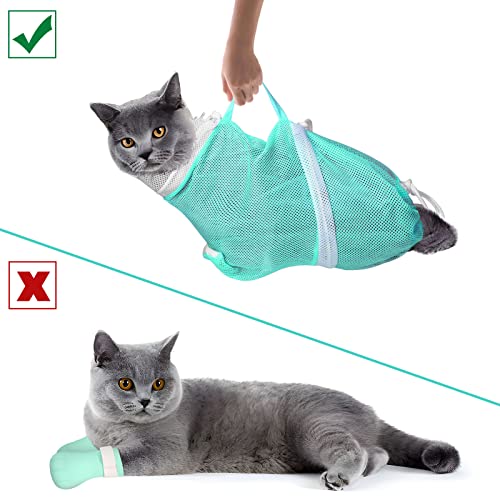 JULMELON 10 PCS Cat Washing Bag for Bath Shower Adjustable Net Grooming Set | Pet Brush Nail Clipper File, Hair Combs Tick Tool, Nail Caps, Bathing Trimming Examination, Pink and Green - color: Pink+Green