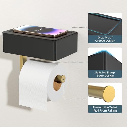 FORIOUS Toilet Paper Holder with Shelf, SUS304 Stainless Steel Wall Mount Toilet Paper Roll Holder, Flushable Wipes Dispenser Fits for Bathroom Wipe Storage, Bathroom Organizer (Black & Gold) - color: Matte Black & Brushed Gold, size: 1 Pack-8" (L)