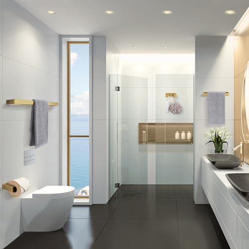 Lairuier Bathroom Hardware Accessories Set, Brushed Gold 4-Piece Bathroom Hardware Set Including Towel Bar,Towel Holder, Toilet Paper Holder, Towel Hook, Stainless Steel Bath Towel Bar Set - color: Brushed Gold, size: Set B