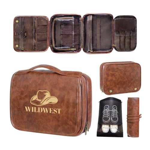 personalized 3-in-1 PU Leather Toiletry Bag For Men custom engraved Large hanging travel toiletry bag - personalized gifts for dad, brother, grandpa, husban (Reddish-Brown) - color: Reddish-Brown