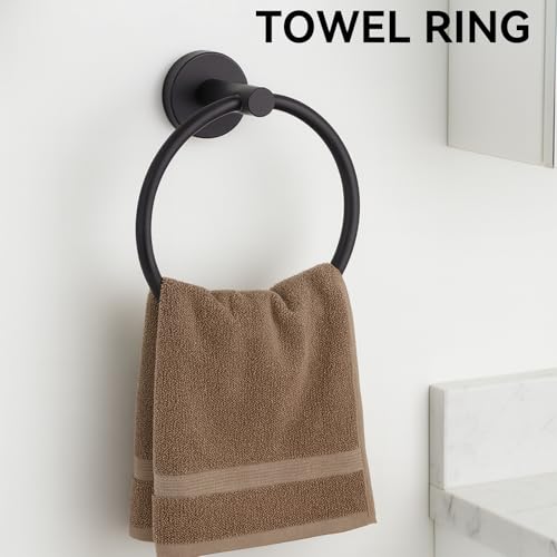 Matte Black Bathroom Hardware Set 6-Piece, SUS304 Stainless Steel Bath Accessories Kit, Includes 24" & 16" Towel Bars, Toilet Paper Holder, Towel Ring, 2 Robe Hooks, Wall Mounted Round Style
