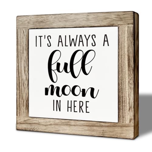 Funny Bathroom Decor Sign, It's Always a Full Moon in Here, Tabletop Wooden Block Signs for Bathroom, Rustic Toilet Wooden Table top Sign, Restroom Small Decor for Shelves 5.9×5.9 inch - color: color40