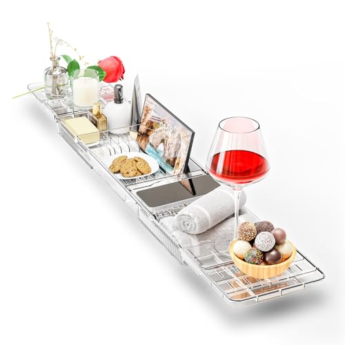 Expandable Acrylic Bathtub Tray for Tub, Bath Caddy Tray Table for Bathtub, Adjustable from 31.5 to 41 inch, Bathtub Rack fits Most Bathtubs and Bathroom Décor, Bath Tub Shelf Accessories for Women