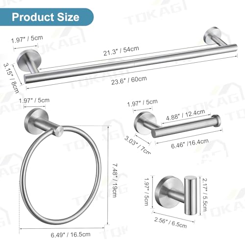 TQKAG Brushed Nickel Bathroom Hardware Set 6-Piece Bathroom Accessory Set 23.6 Inch Round Stainless Steel Towel Bar Set Wall Mounted - color: Brushed Nickel, size: 6-Pieces Set