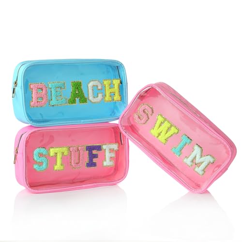 STUFF Cosmetic Makeup Bag with Sewn on Chenille Letters for Women - PVC Clear Waterproof Sunscreen Organizer for Beach, Swim & Travel, Toiletry SPF Pouch - style: Pink Stuff